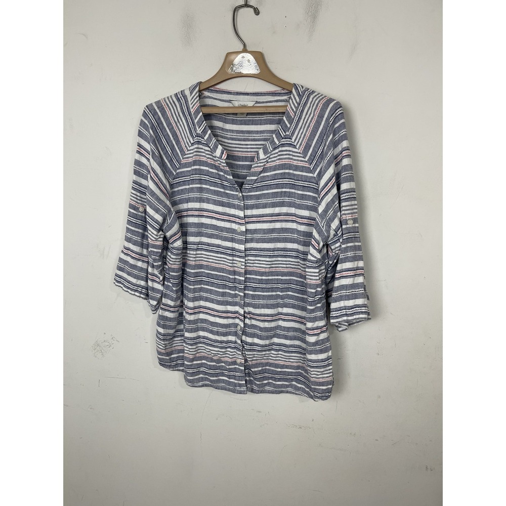 CJ Banks Womens 1X Striped Linen Blend Roll Tab Button Up Shirt Blouse